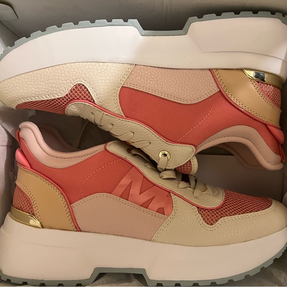 Powder pink & cream platform athletic trainer
sneaker w/ faux Gold MK plate